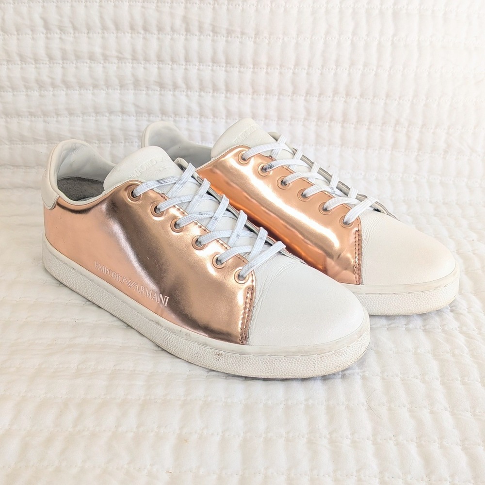 Emporio Armani Logo Print Lace Up Leather Casual Sneakers‎ Rose Gold White US 6